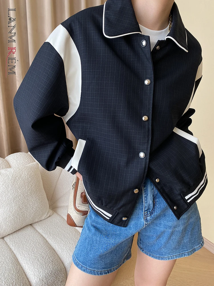 

[LANMREM] Fashion Spliced Design Jackets For Women Lapel Single Breasted Long Sleeve Elegant Female Tops 2023 Autumn New 26D5164