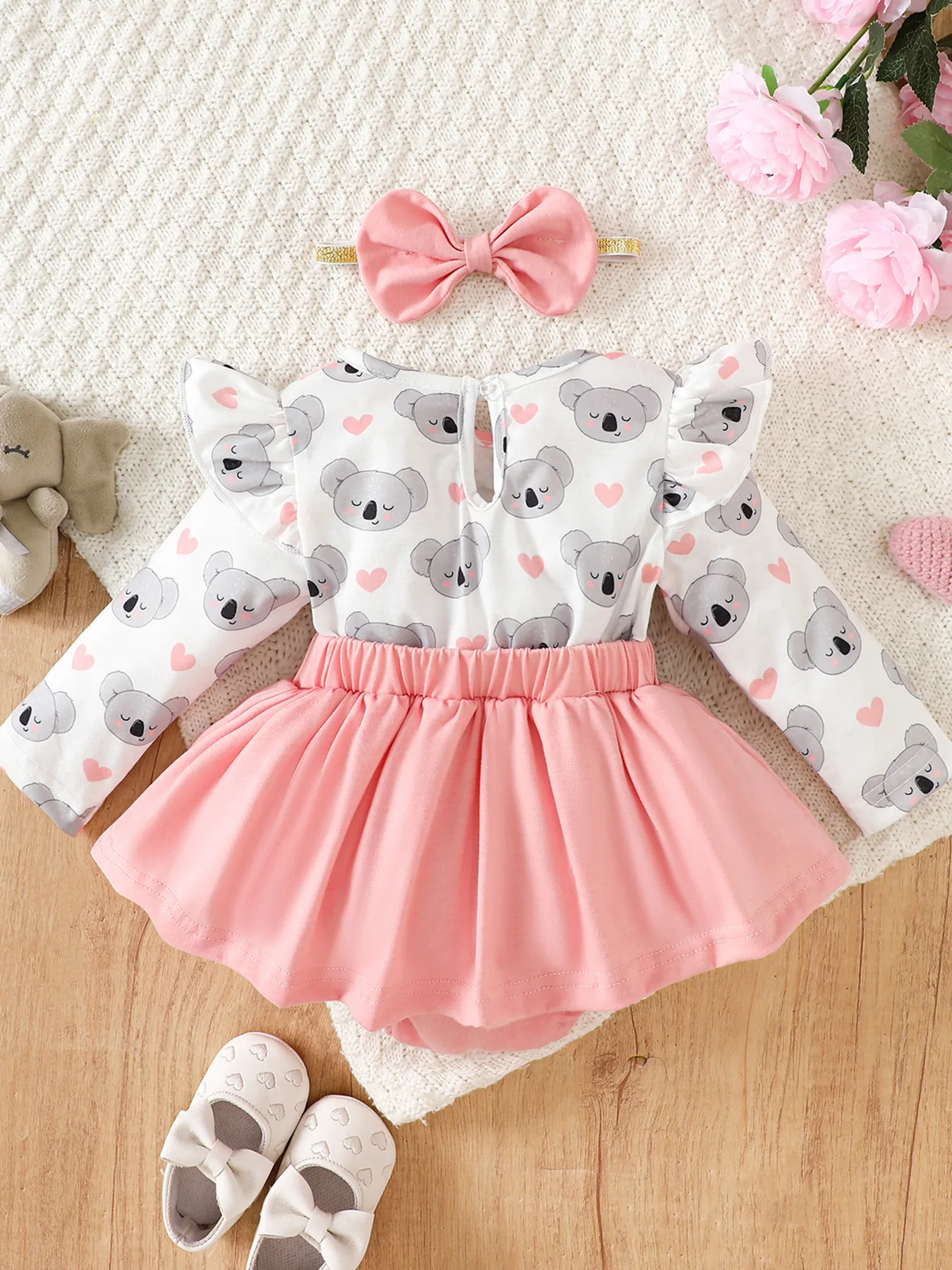 Charming Pink & Gray 3D Koala Tulle Dress with Bow Headband - Ideal for Adorable Photos and Princess Moments