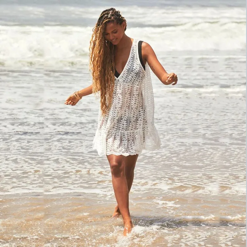 Sheer Lace Swimsuit Beach Cover up Sexy V Neck See Through  Sleeveless Clothes Women Summer Mini Dress Beachwear Bikini Cover-up