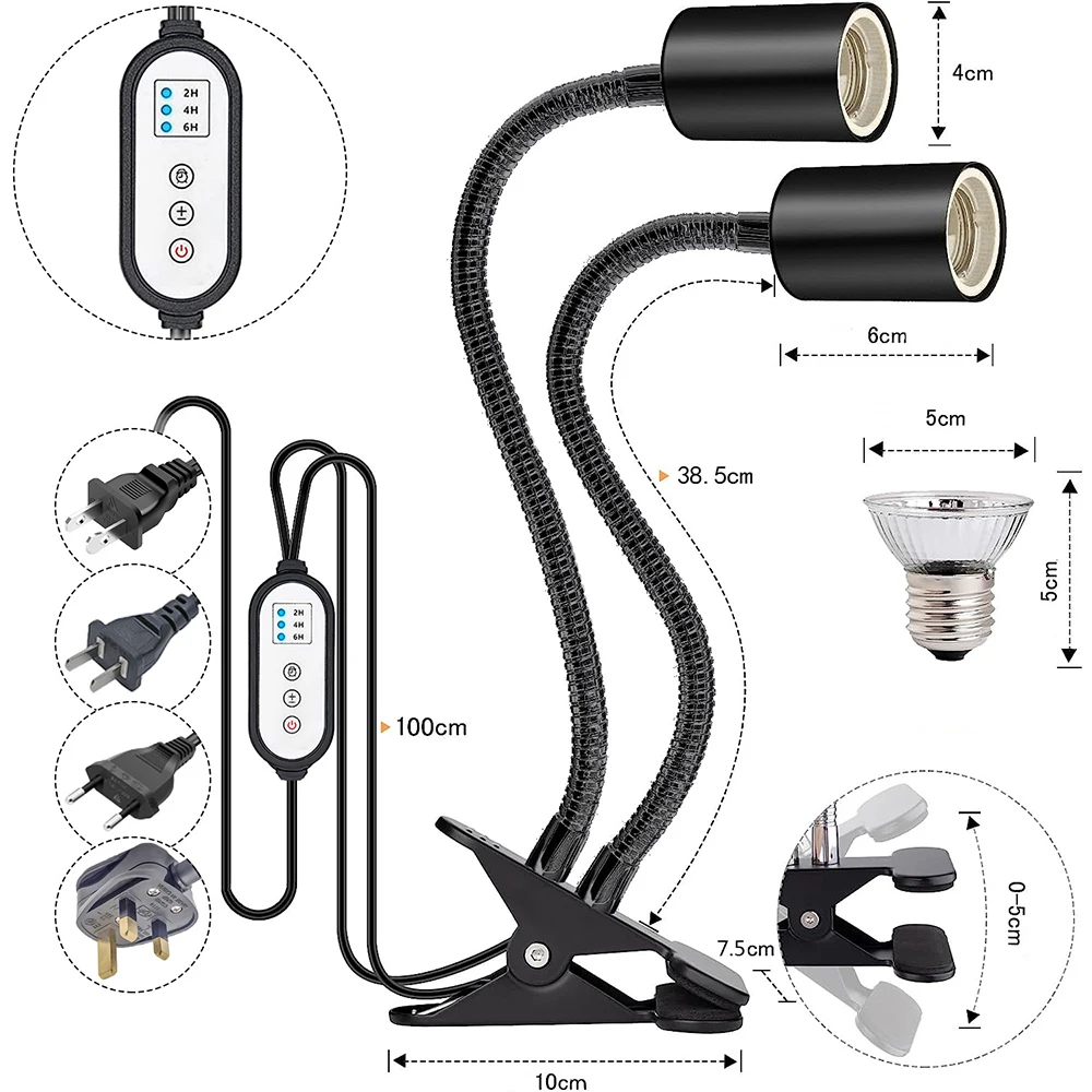 Reptile Heating Lamp Reptile Heat Lamp Rotating Double-Head Reptile Light Bracket UVA/UVB Bulb 25W/50W/75W for Turtle Lizards Snake Plants