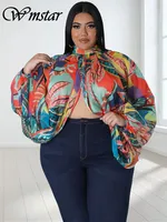 Wmstar Plus Size T-Shirts Print Women Tops Long Sleeve Open Loose Mesh See Through Sexy Chiffon Bulk Wholesale Dropshipping
