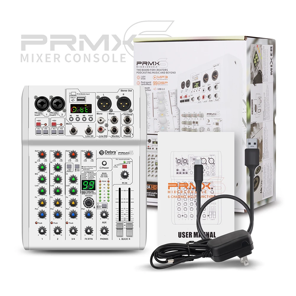 

PRMX-6 24bit 192k Sound Console Audio Mixing 99 DSP Effect Record With 5.0 BTs Studio Quality For Recording Studio,Mobile Live.