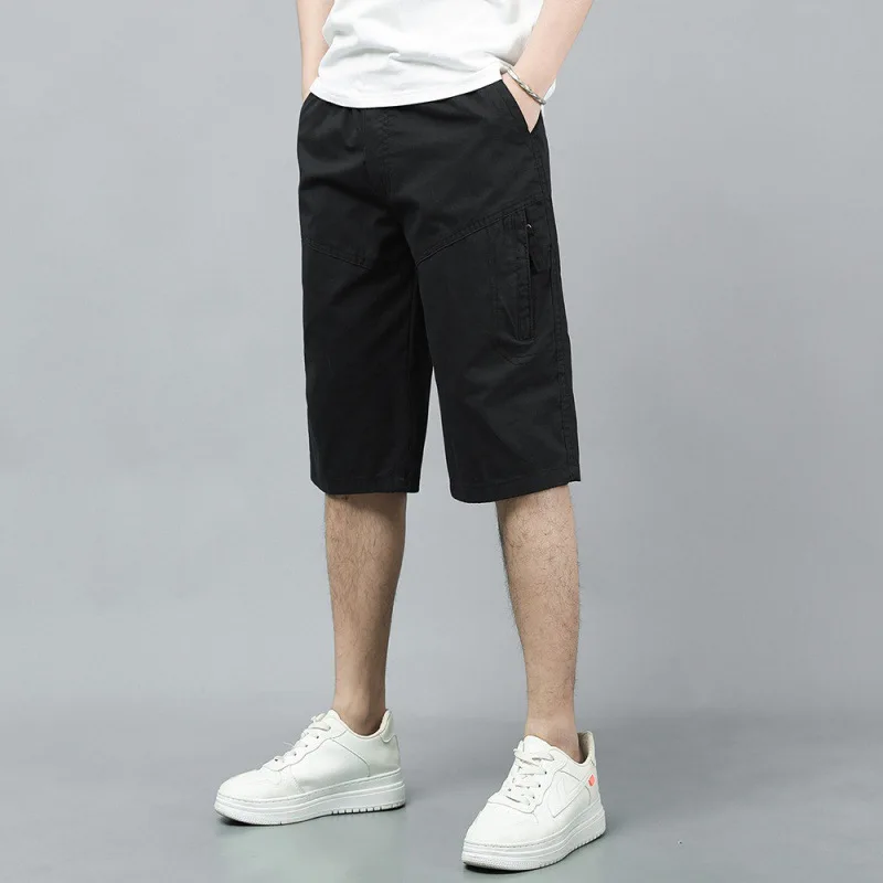 2023 Summer New Men's Clothing Crop Jeans Pure Solid Color Cotton Pockets Casual Trend Loose Casual Shorts Straight Mid Pants