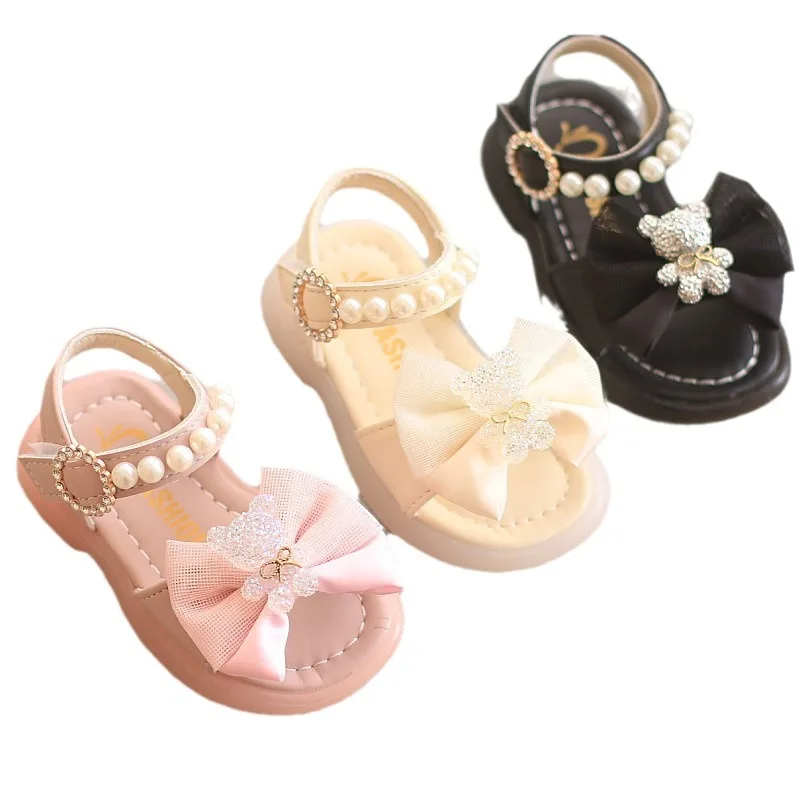 Kawaii Cartoon Bear Decos Baby Girl Sandals-Leisure Comfortable Summer Open Toe Beach Shoes for Toddlers Aged 1-4 Years