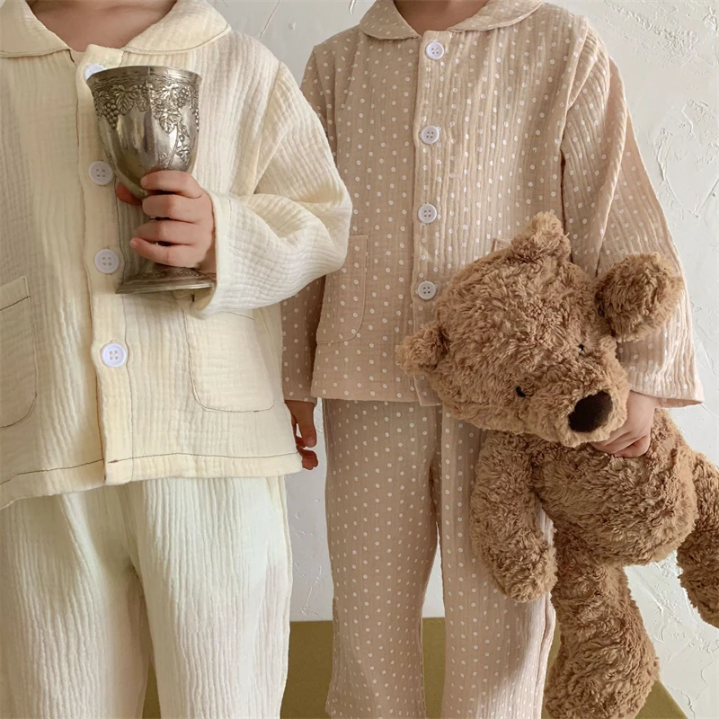 

Kids Clothes Girls Loungewear Spring Cotton Yarn Polka Dot Boy Pajama Suit for Babies Casual Solid Young Children's Clothing