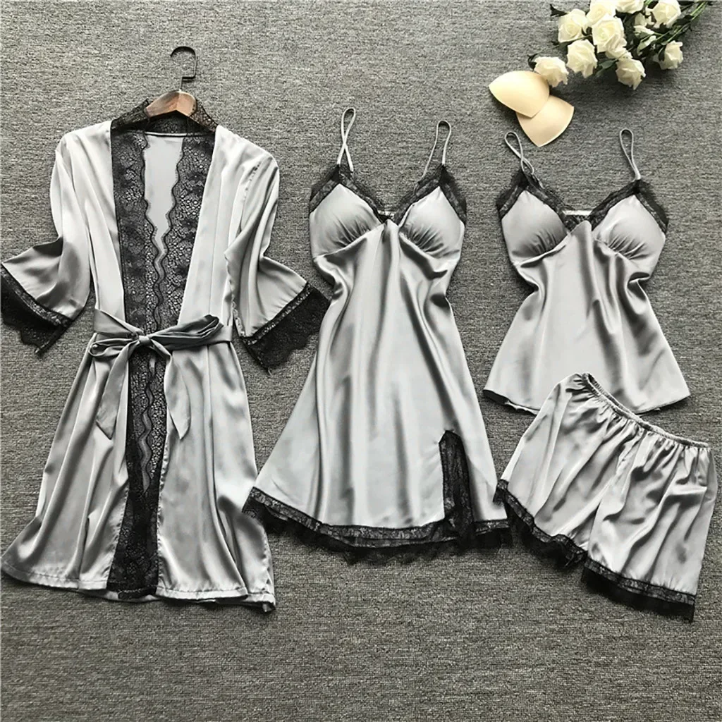 New Sleepwear Silk Women Nightdress Lace Dress Robe Pajamas Set Satin Underwear for Women Full Coverage Negligee Lingerie Sexy