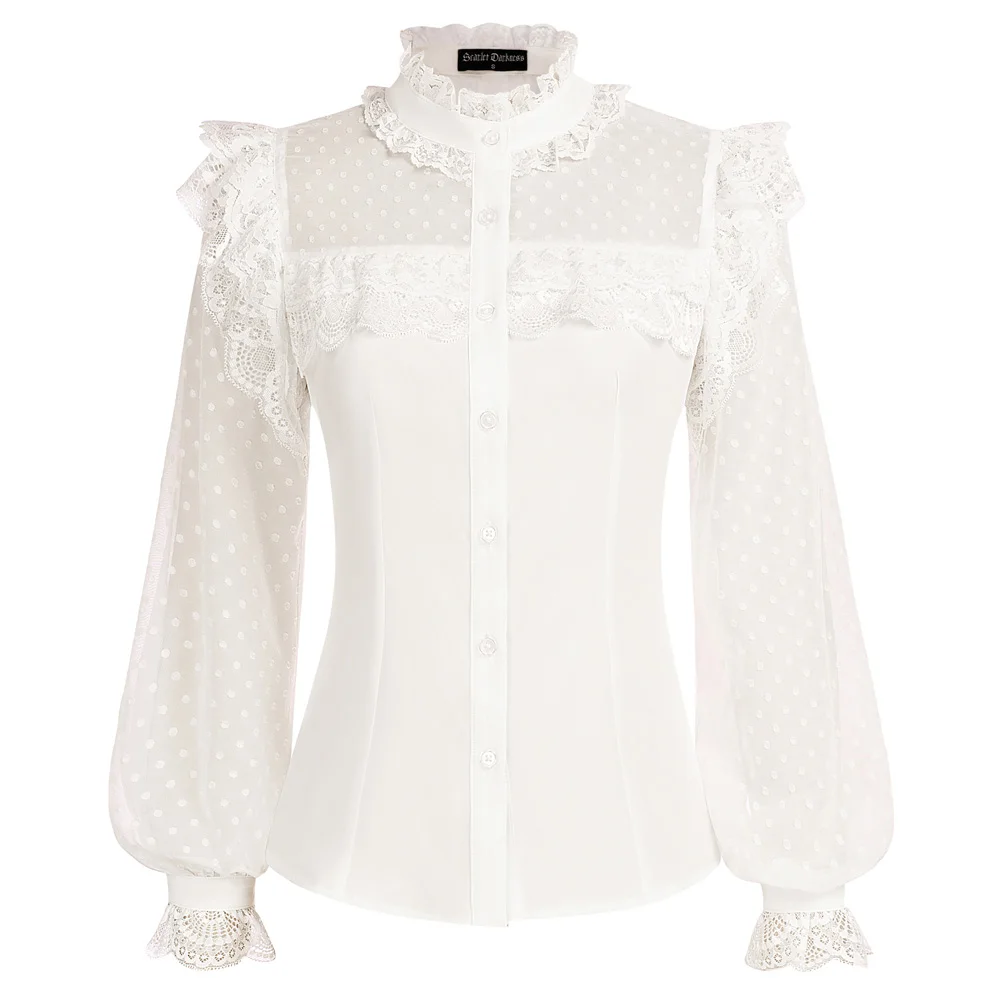 SD Women Renaissance Mesh Patchwork Shirt Dressy Casual Stand Collar Polka Dot Long Sleeve Tops Victorian Lace Up Blosue A30