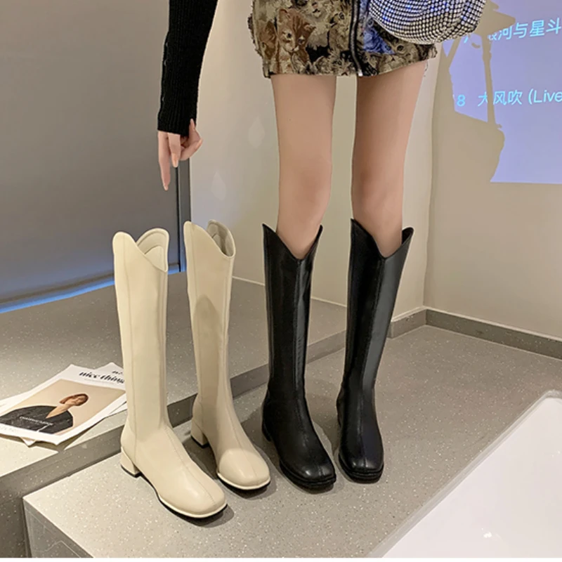 

Fashion Ladies Knee High Boots 2023 New Pu Leather Autumn Winter Simple Solid Female Square Toe Zippers Women's Boots Zapatos