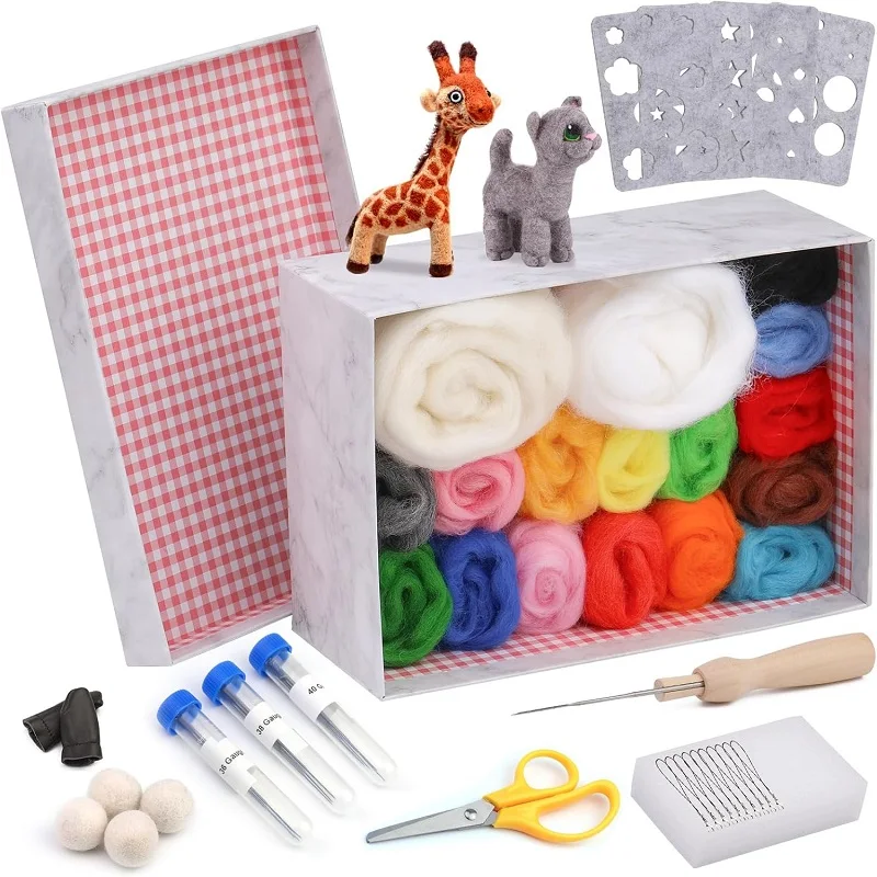 Wool Felt Tools Kit 17 Colors Set Needle Felting Kit with Felt Molds Perfect Choice for Needle Felting or Craft