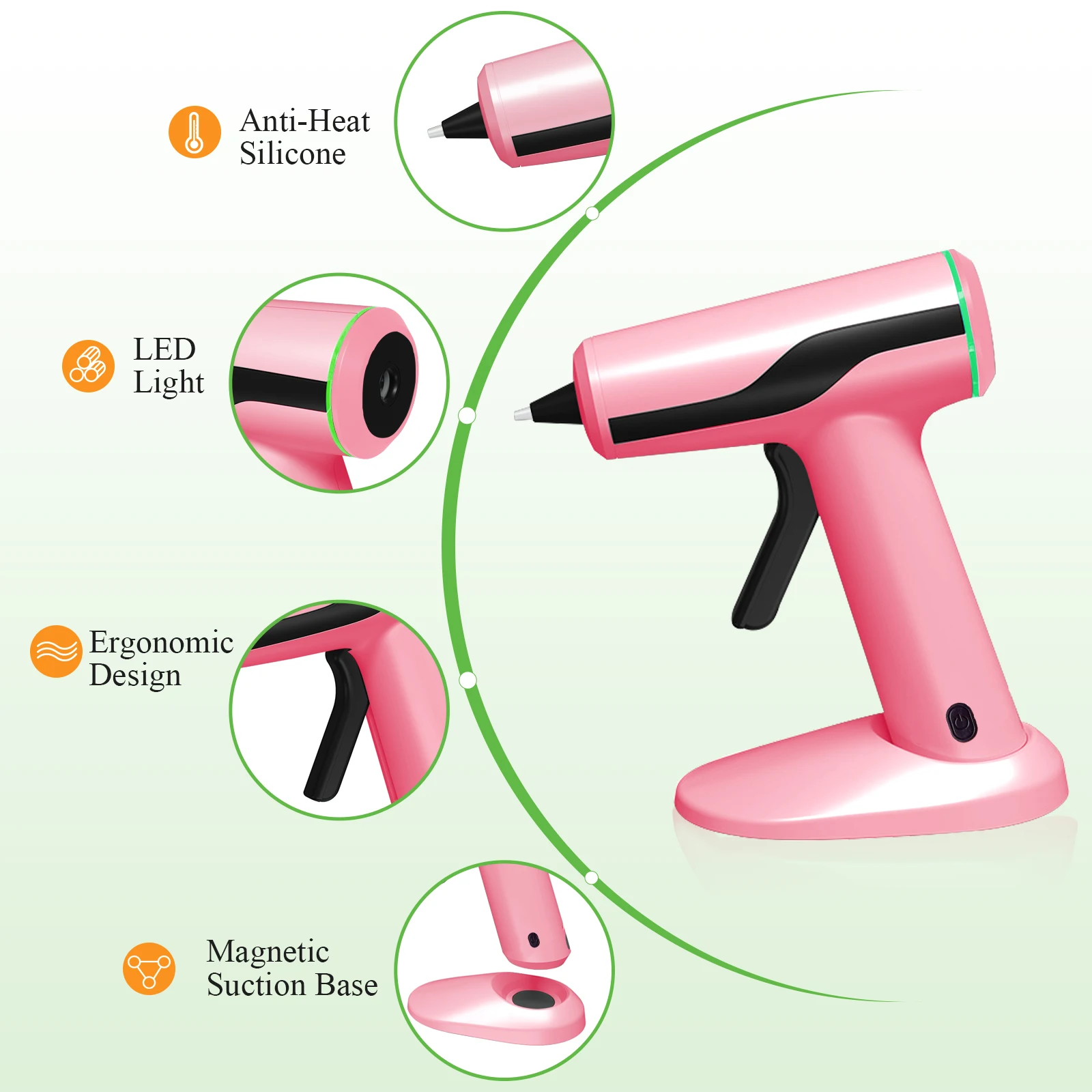 2200Amh Pink Cordless Hot Glue Gun Kit USB Chargeable Battery Charged with 40 Glue Sticks Carry Case 10 Wood Sticks Fast Heating 6