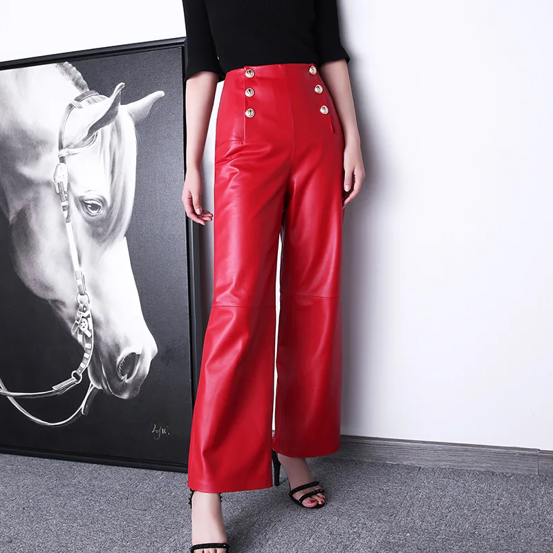 Women's Double Breasted Sheepskin Leather Pants, Straight Trousers, High Waist, Metal, Spring, Autumn