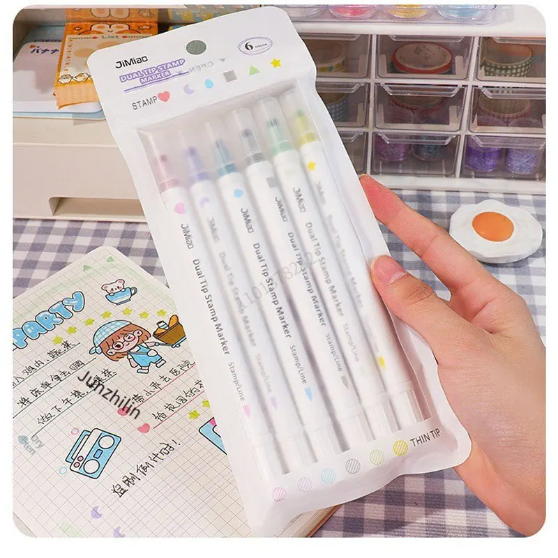 6 Colors Stamp Double Headed Art Markers Highlighter Pen Star/Heart/Moon/Drop/Square for Scrapbook Diary Poster Christmas Card 6