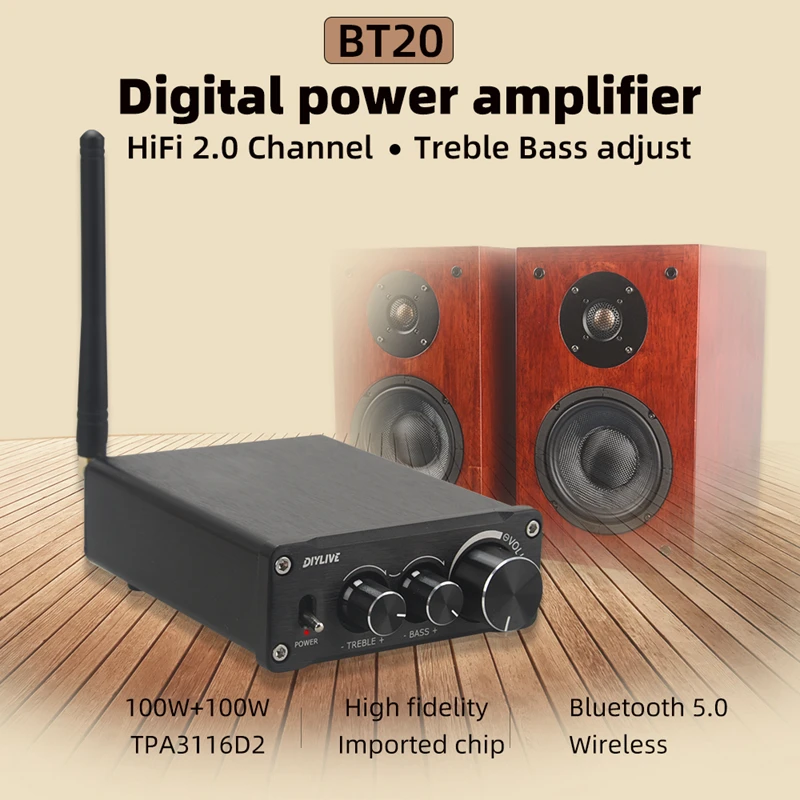 HiFi 2.0 Full Digital Audio Power Amplifier TPA3116D2 100W*2 Bluetooth 5.0 tonal treble and bass adjustment BT20 D100B