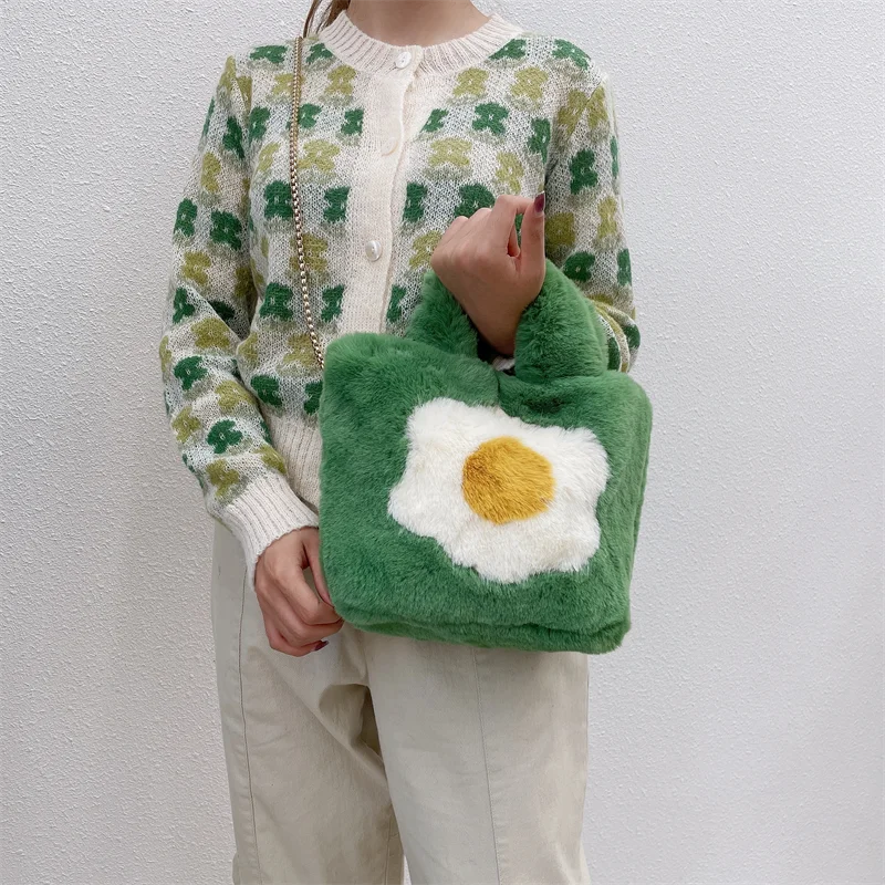 Winter Faux Fur Bag Women Soft Plush Hand Bags Solid Color Shopper Bags Travel Bag Female Warm Fluffy Tote Bags Party Clutch Bag