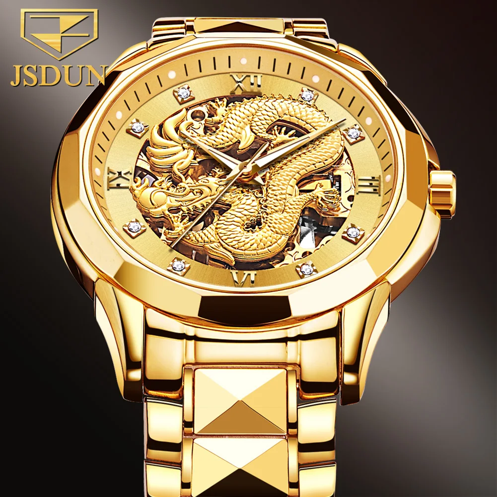 

JSDUN Men's Automatic Mechanical Watches Swiss Certificated Watch Embossed Gold Dragon Ruby Bearing Watch Sapphire lens 8840