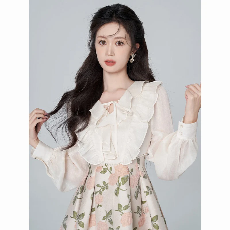 

Elegant Women Dress Office Ladies Vintage Courtly Floral Long Sleeve Patchwork One-Piece Dresses New Korean Fashion Clothes 2023