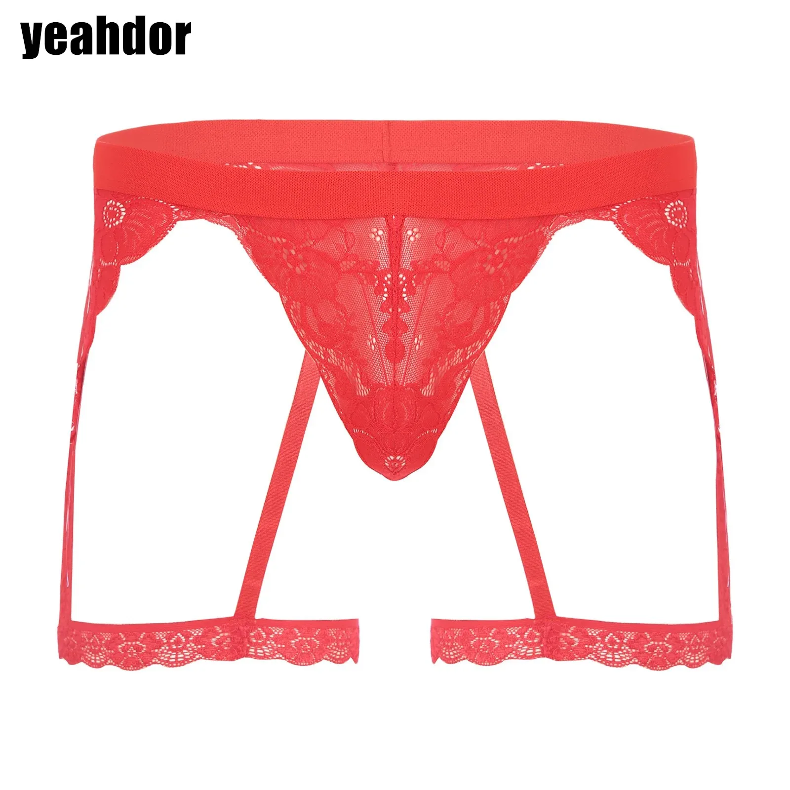 

Mens Tempting Lace Panties Bulge Pouch G-String Briefs Lingerie with Garter See Through Floral Lace Sexy Sissy Underwear