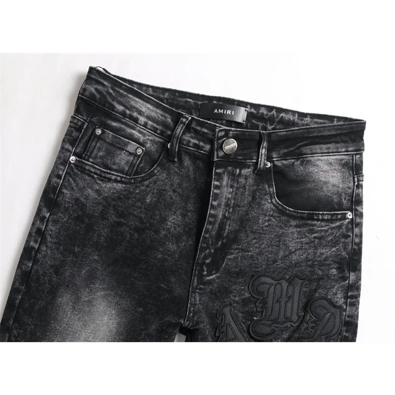 Stitching Stars Jeans Black and Gray for Men Fashion Street Handsome Slim-Fitting Fashion Ripped Skinny Motorcycle Trousers