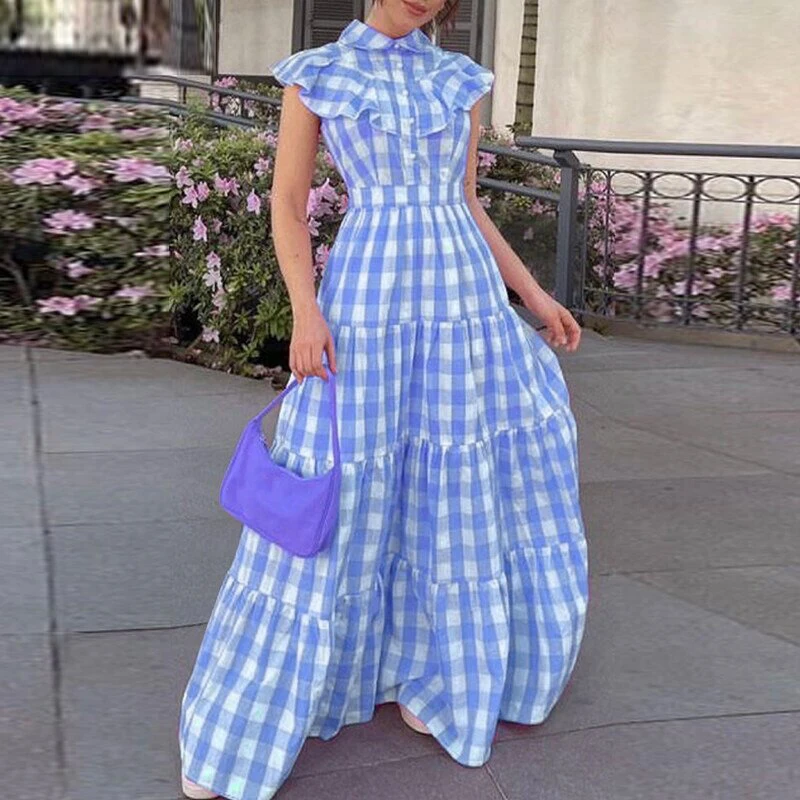 

Fashion Lapel Plaid Print Flying Sleeve Dress Lady High Waist Pleated Party Long Dress Elegant Holiday Beach Ruffle A-Line Dress