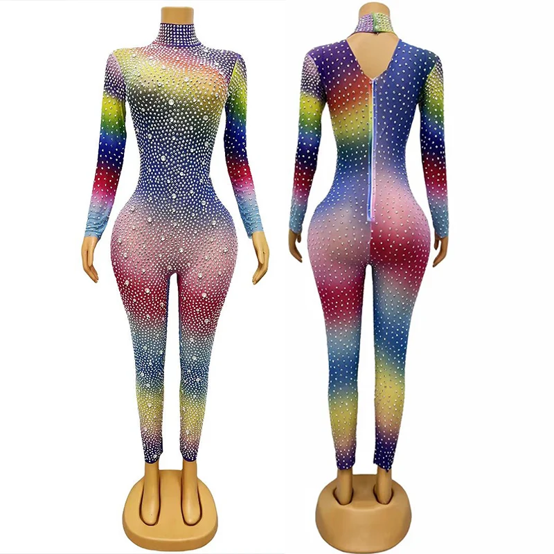 

Rainbow Gradient Stretch Jumpsuit Full Rhinestones Drag Queen Costume Singer Performance Stage Wear Gogo Dancer Bodysuit VDB7184