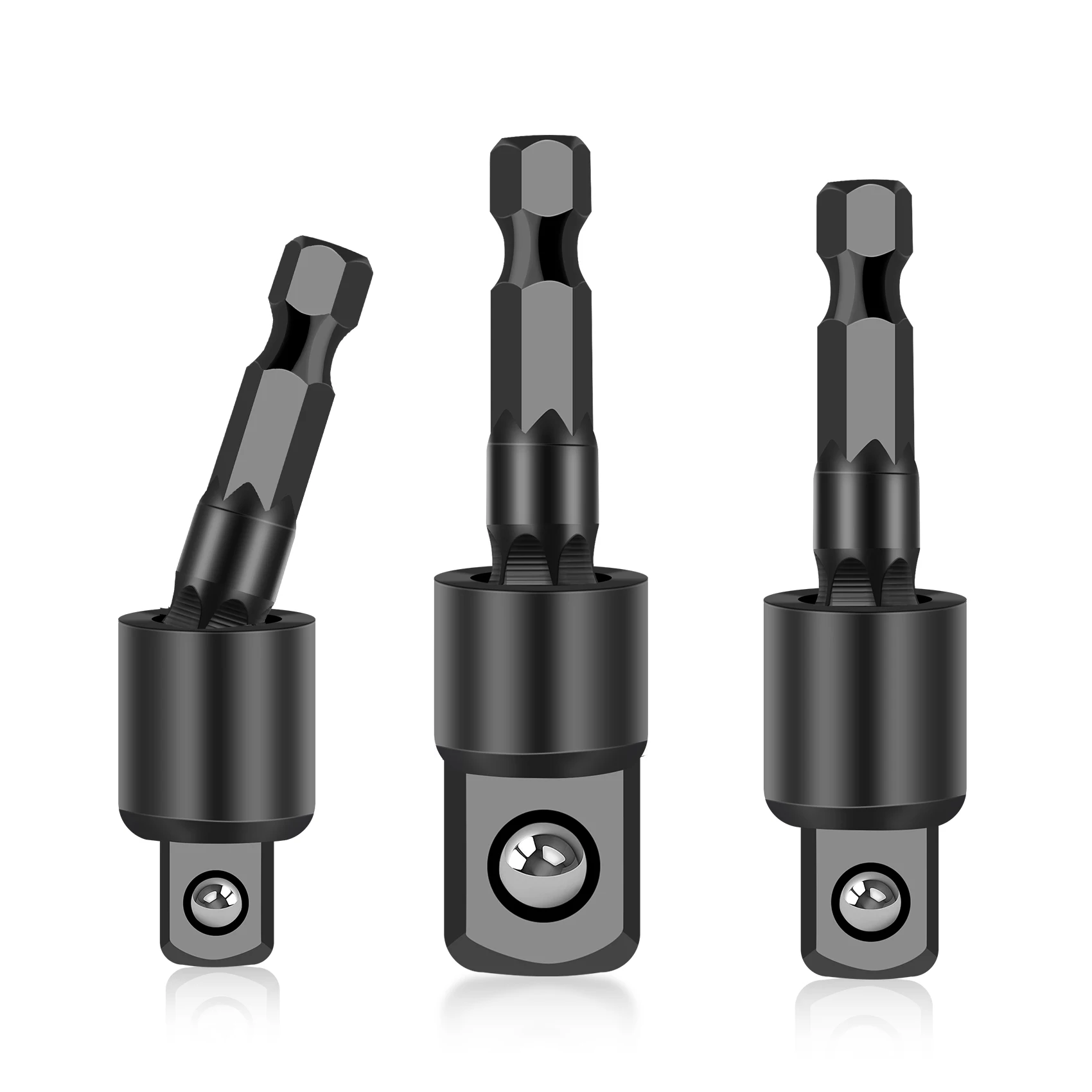 3PC Wobble Socket Adapters Universal Joint Swivel Socket Set, 1/4 Inch Hex Shank to 1/4 3/8 1/2 Square Drives