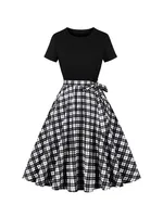 Elegant Vintage 50s Chic Plaid Print Women's Dress Summer Short Sleeve Big Swing Floral Party Dress