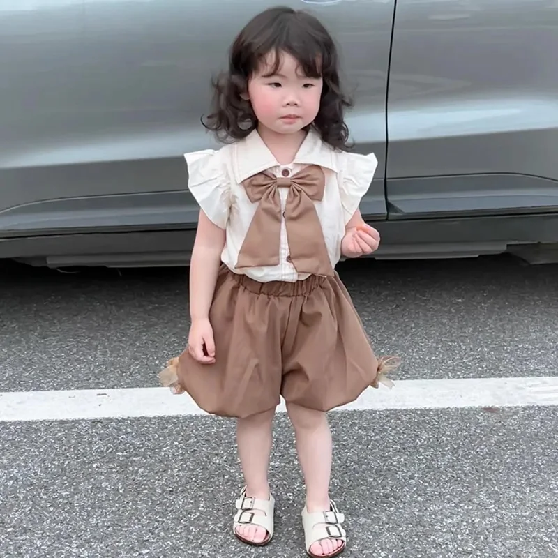 

Baby Girl's Short Sleeve Bow Knot Shirt + Shorts Two Piece Set Summer Thin Children's Top Lantern Pants School Uniform Set 1-5Y