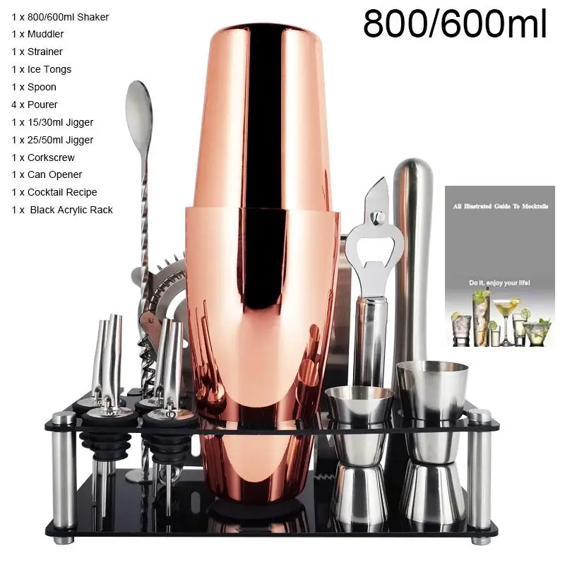 Cocktail Shaker 13Pcs 750/600/800ml Boston Cocktail Shaker Stainless Steel Mixer Bartender Tools Bar Set Cocktail Recipe With Wine Stand