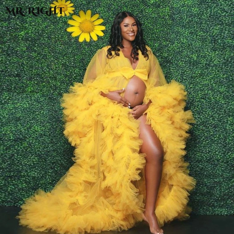 

Ruffles Tulle Maternity Dress V-Neck Front Side Split Pregnancy Gown Babyshower Photography Robes Custom Made