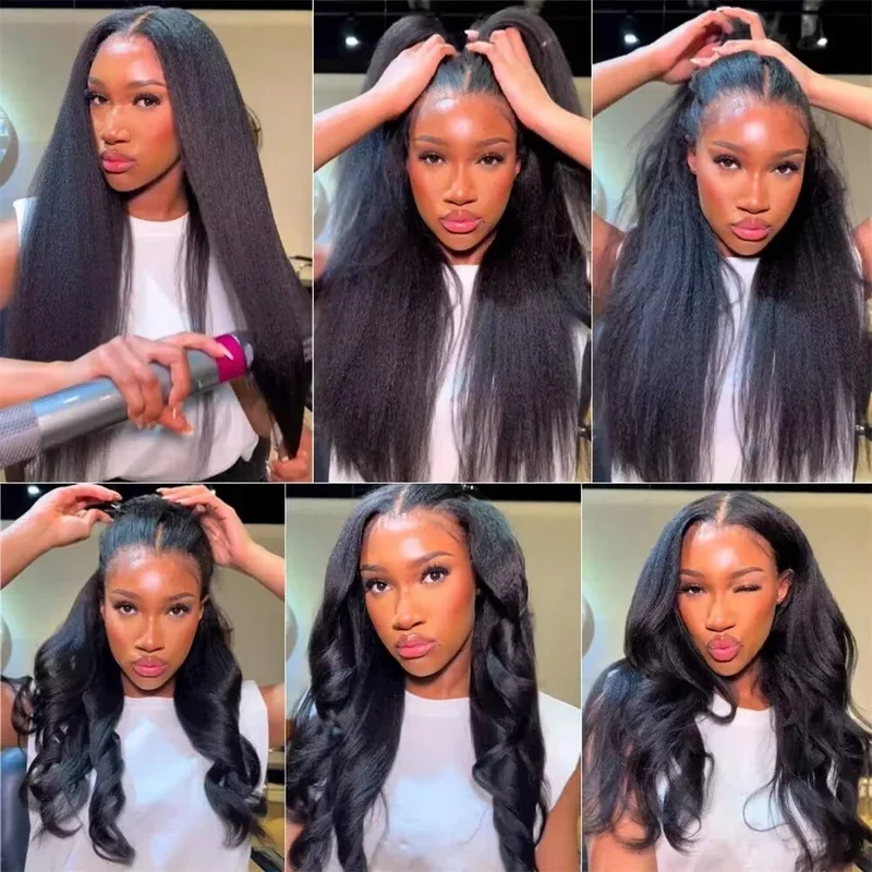 Kinky Straight Human Hair Half Wig 250 Density Natural Black Brazilian Hair Wigs wear and go Drawstring wig Flip over half wig