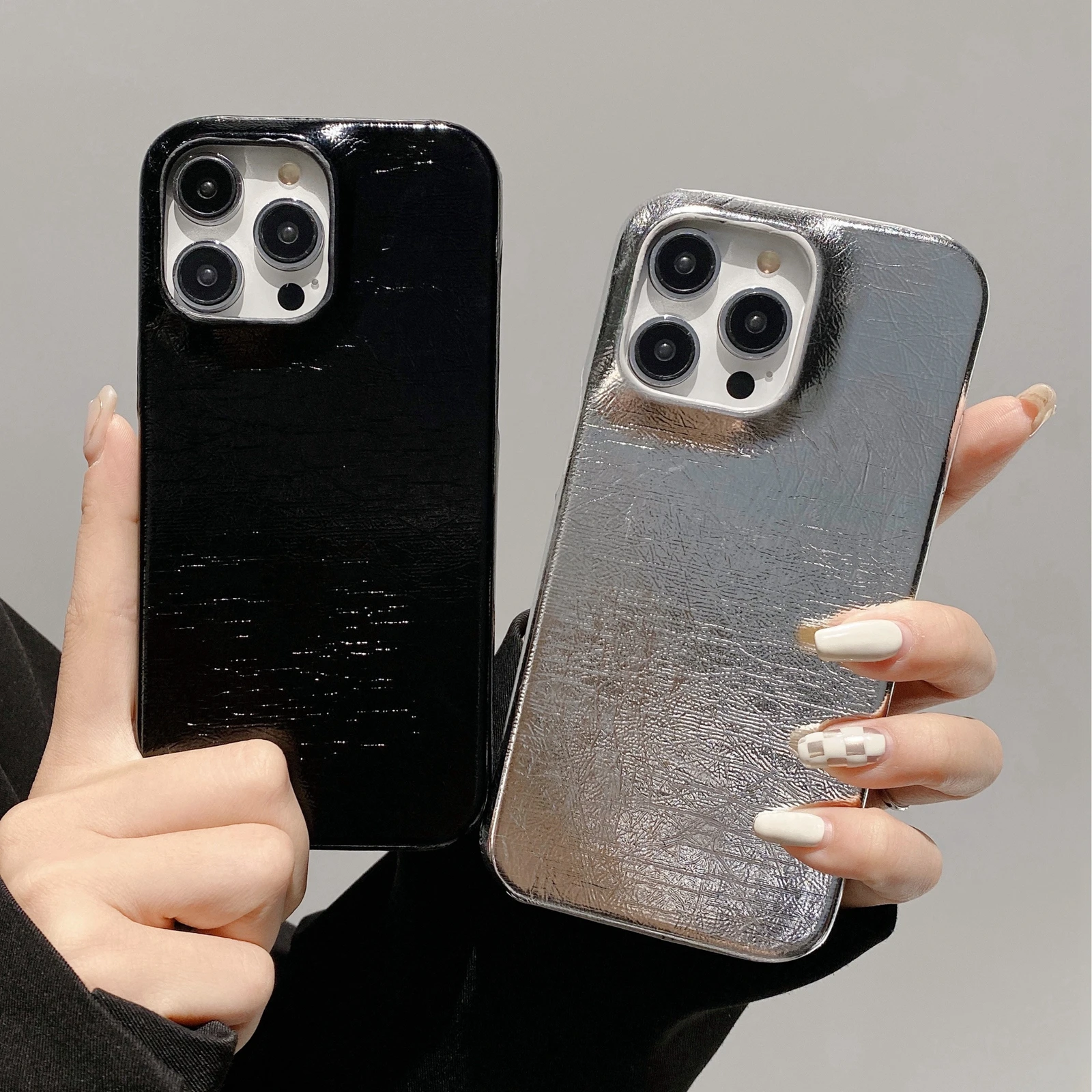 럭셔리 블랙 실버 핑크 가죽 케이스, 아이폰 11 12 13 14 15 프로 7 8 플러스 Xs 맥스 X XR 미니 접이식 패턴 보호 커버 