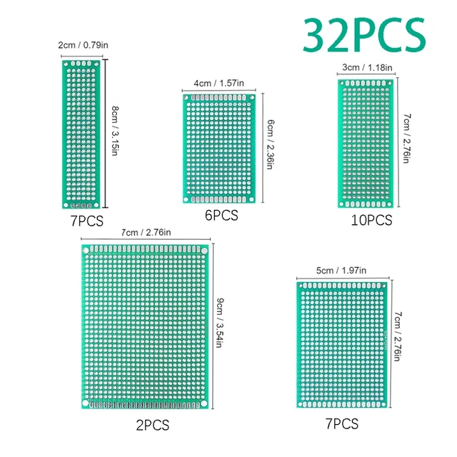 32PCS PCB Board 2x8cm 3x7cm 4x6cm 5x7cm 7x9cm Prototype Board Kit In 5 Size  Double-sided Prototyp Pcb Universal Boards - AliExpress