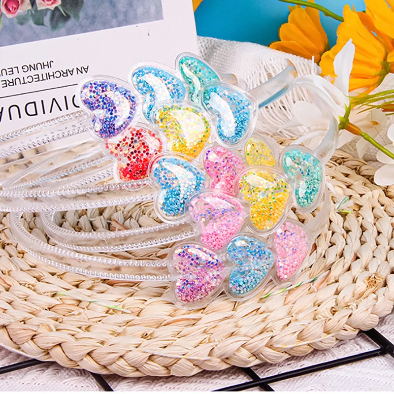 Transparent Quicksand Heart Headbands Sweet Glitter Thin Teeth Hairbands for Children Kids Hair Hoops Bezel Hair Accessories fried hair toothless doll key chain creative soft pp cotton bag pendant plush missing teeth doll children s gifts