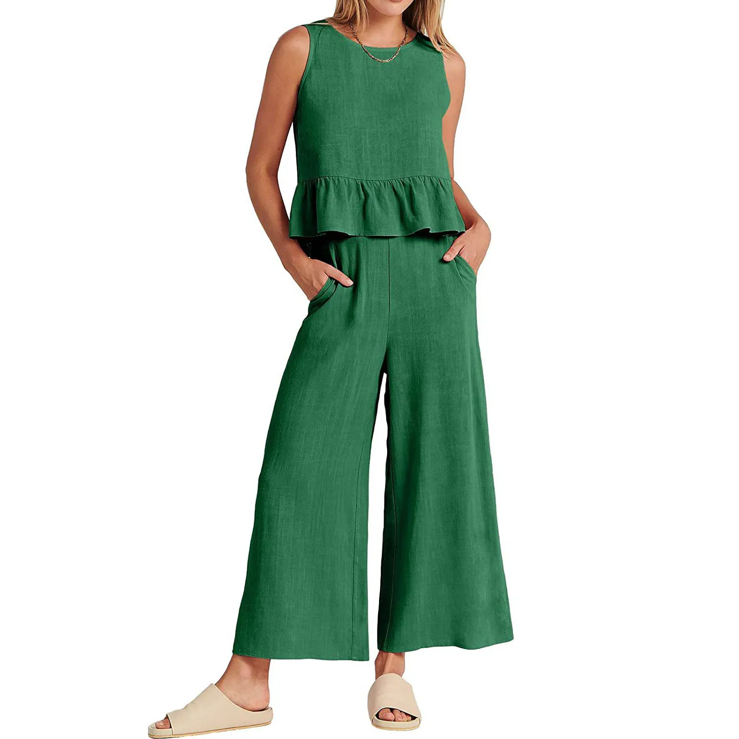 New Summer Women's Sleeveless Pleated Vest Wide Leg Nine-point Pants Casual Suit