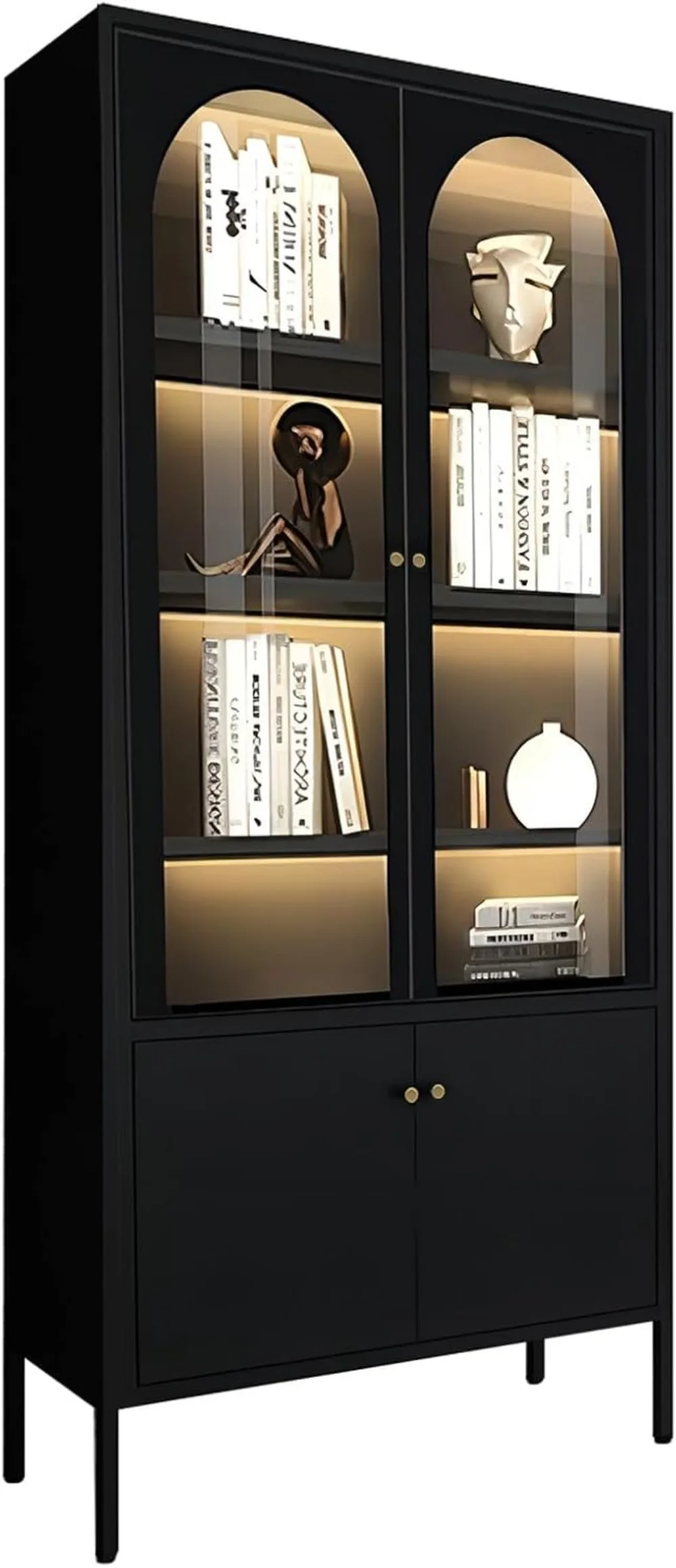 

Double Door Display Cabinet LED Black Home Glass Bookcase Removable Partitions Ready Assembled LED Large Space Cabinet Graphite