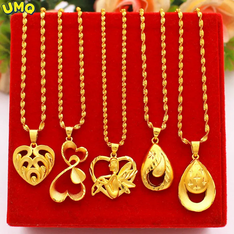 

New 100% 14K Gold Chain Copy Pure 24k Gold Fine Angel Love Water Drop Necklace Women's Classic Color 18k Yellow Color Jewelry