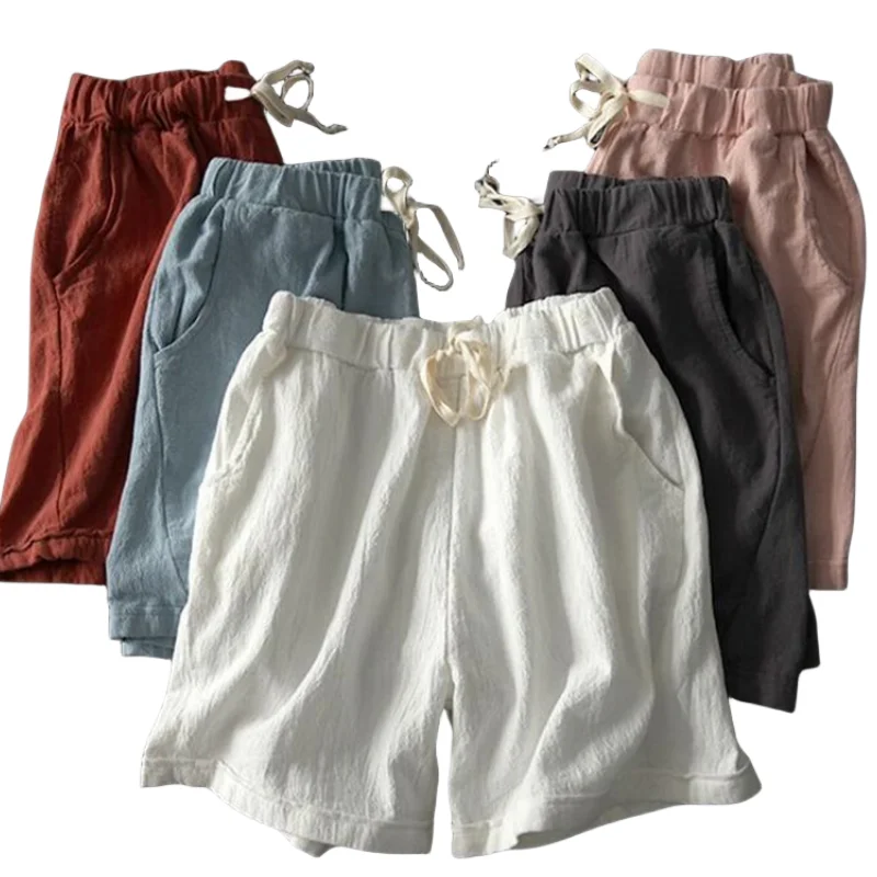 Plus size cotton linen slim women shorts Summer Loose solid shorts women Elastic waist Oversized short   White Black feminino