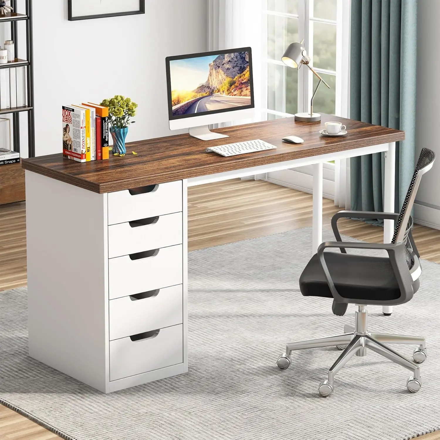 Computer Desk with 5 Drawers, 47 inches Rustic Brown Home Office Desk with Storage, Modern Simple Laptop Study W