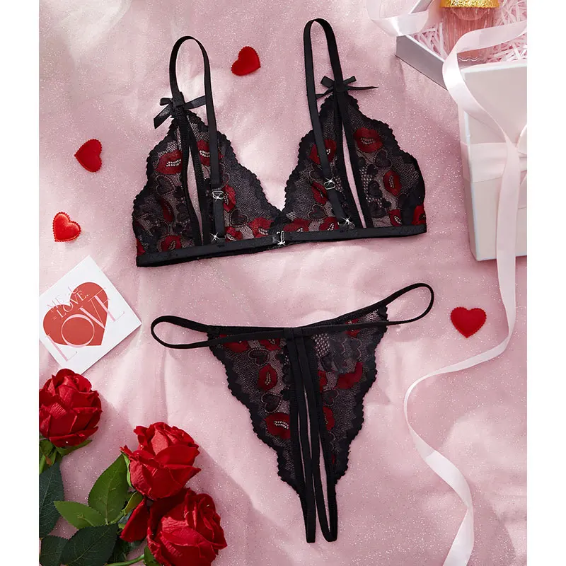 Thin Style G-string Sexy Women 2 Piece Set Floral Embroidery Underwear Sexy Erotic Lingerie Underwear Lenceria Sets