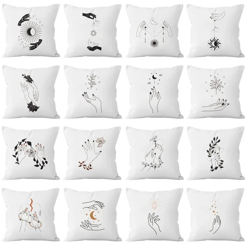 

Pure White Bohemian Simple Abstract Art Printed Square Pillowslip Polyester Cushion Cover Peach Skin Pillowcase Living Room Home