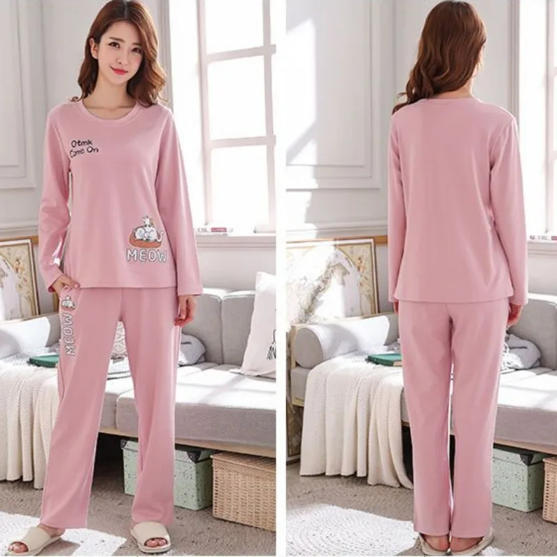New Cotton Sleepwear Women Spring Autumn Long Sleeve Pants Pajama Girl 2 Pieces Set Cute Student Cartoon Fashion Loungewear Suit