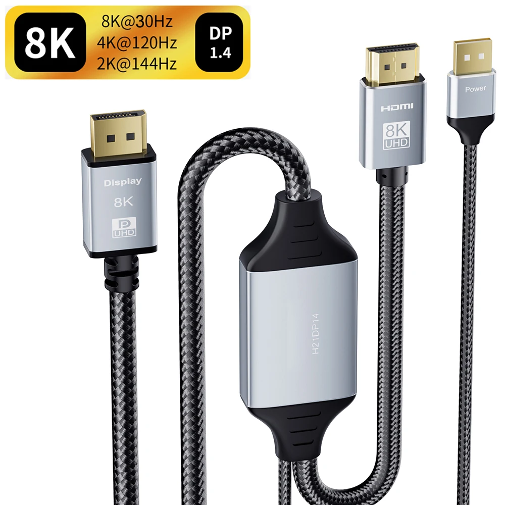 8K HDMI 2.1 to Displayport 1.4 cable HDMI to Displayport 144Hz