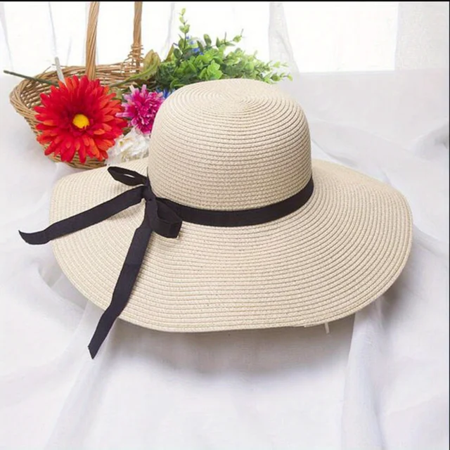 Large Eave Straw Hat for Woman Black Bow Tie Edge Sunscreen Foldable Beach Hat Outdoor Seaside Vacation Fashionable and Elegent 2