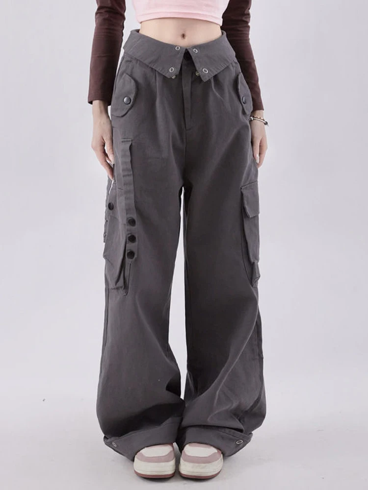 

Deeptown Cyber Y2k Gray Cargo Pants Women Baggy Vintage Aesthetic Korean Streetwear Techwear Wide Leg Trousers Female Grunge