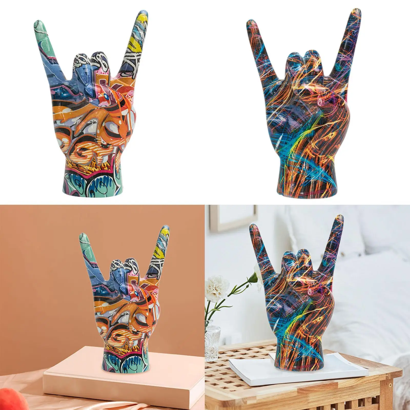 Rock on Hand Gesture Statue Art Figurine Home Decor Centerpiece Delicate Creative Sculpture for Cabinet Office Indoor Shelf Home