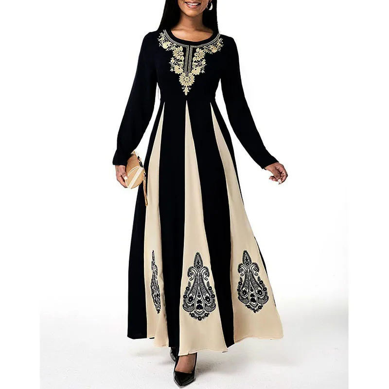 

Women's Muslim Abaya Dress Long Sleeve Patchwork Printed Robe O Neck Dubai Turkish Clothing High Waist for Party casual dress