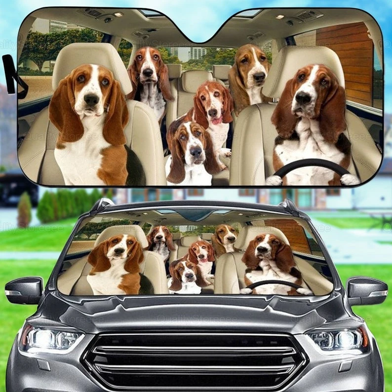 bumper stickers Funny Basset Hound Car Sunshade, Dogs Family Sunshade, Dog Car Accessories, Car Decoration, Gift For Dad, Mom, Gift Owner Dog LN car covers