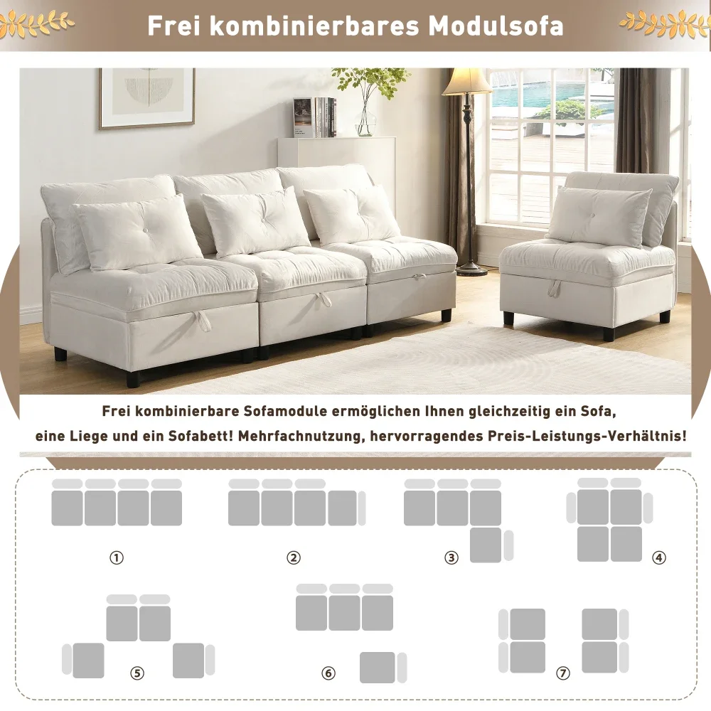 Modulares, trennbares 4-Sitzer-Sofa-Set – multifunktionales Schlafsofa, frei kombinierbar, Chenille-Bezug mit vollständiger Sitzkissen-Aufbewahrung – Detail 35