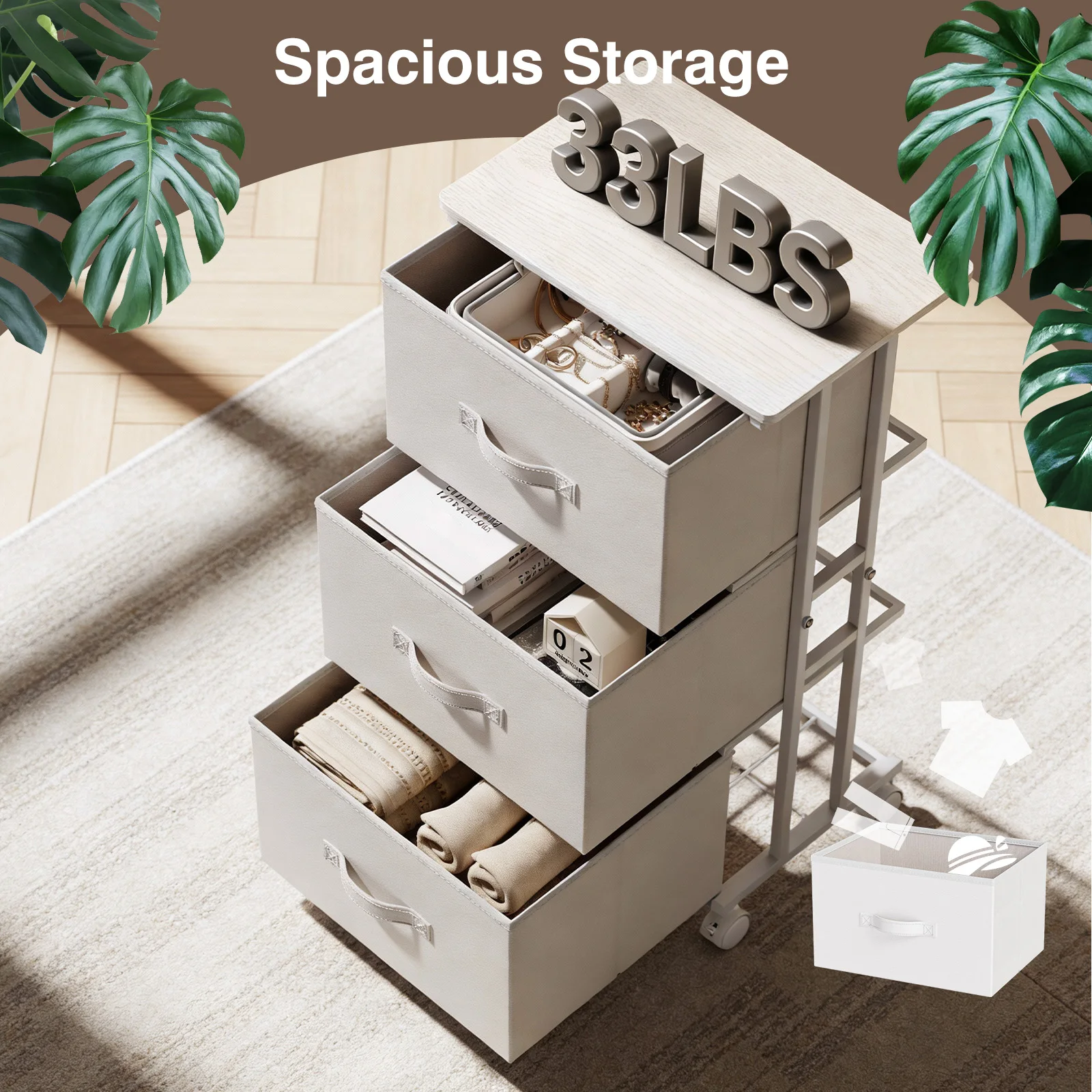 MCQ Movable Roller Cabinet With 3 Foldable Fabric Drawers Wooden Top Dresser Tables With Steel Structure Display Of Furniture