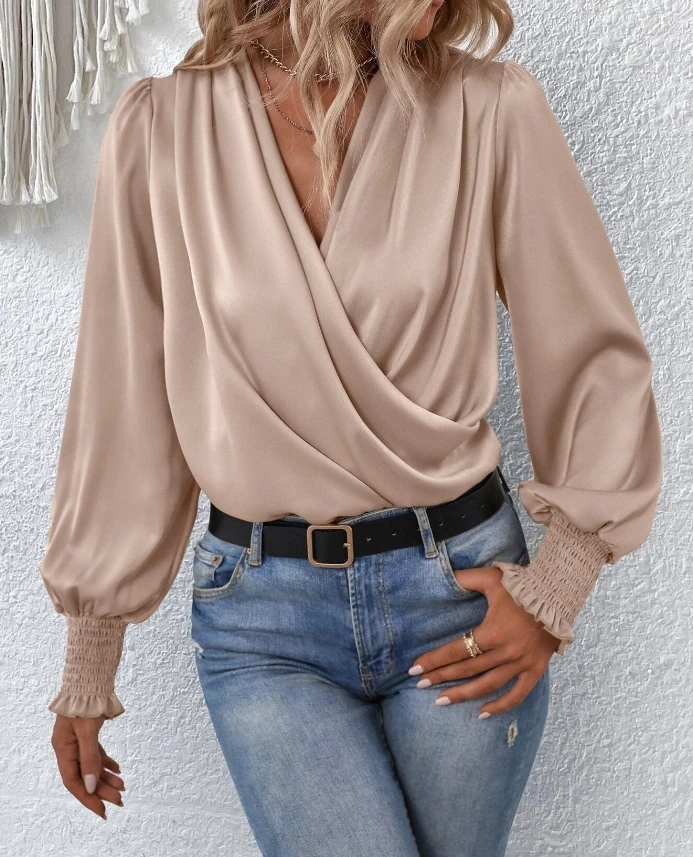 

Autumn Lantern Sleeve Top for Woman 2023 Spring Fashion Casual Blouses Long Sleeved V neck Tied Commuting Solid Color Shirt